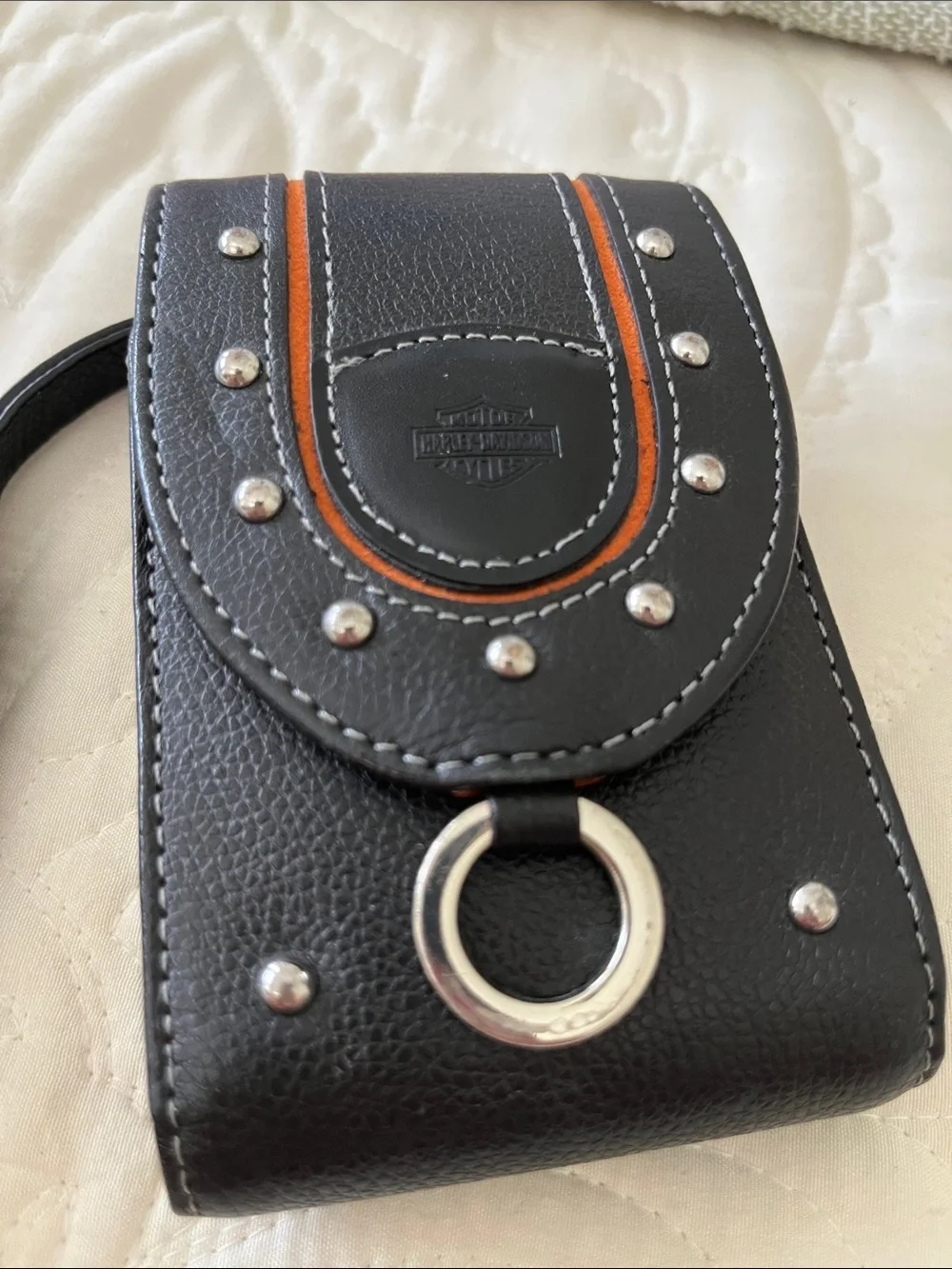 Harley-Davidson Black and Orange Leather Wristlet Pouch